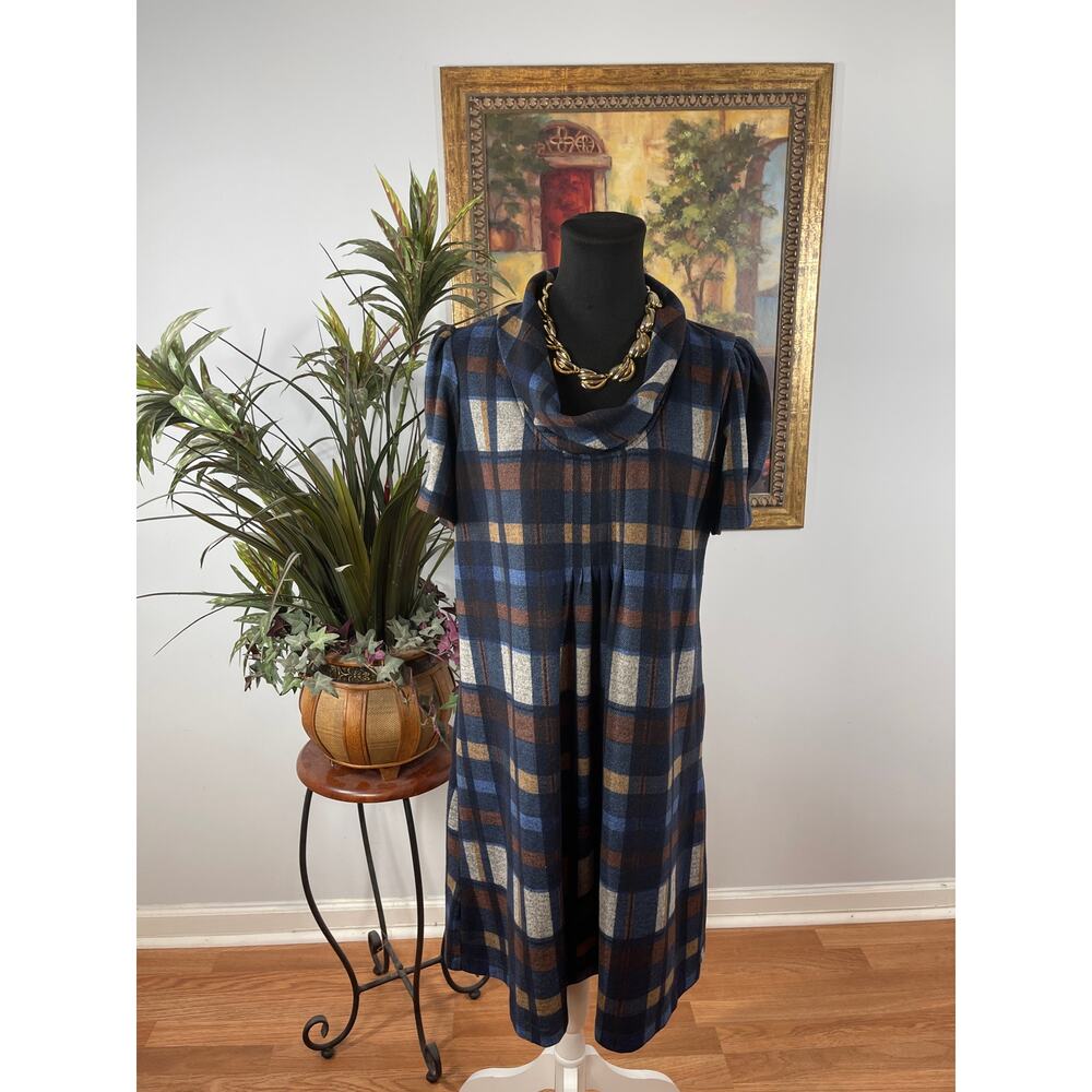 Jessica Howard Sweater Dress Women's Large Navy Brown Plaid Minimalist 60s Retro